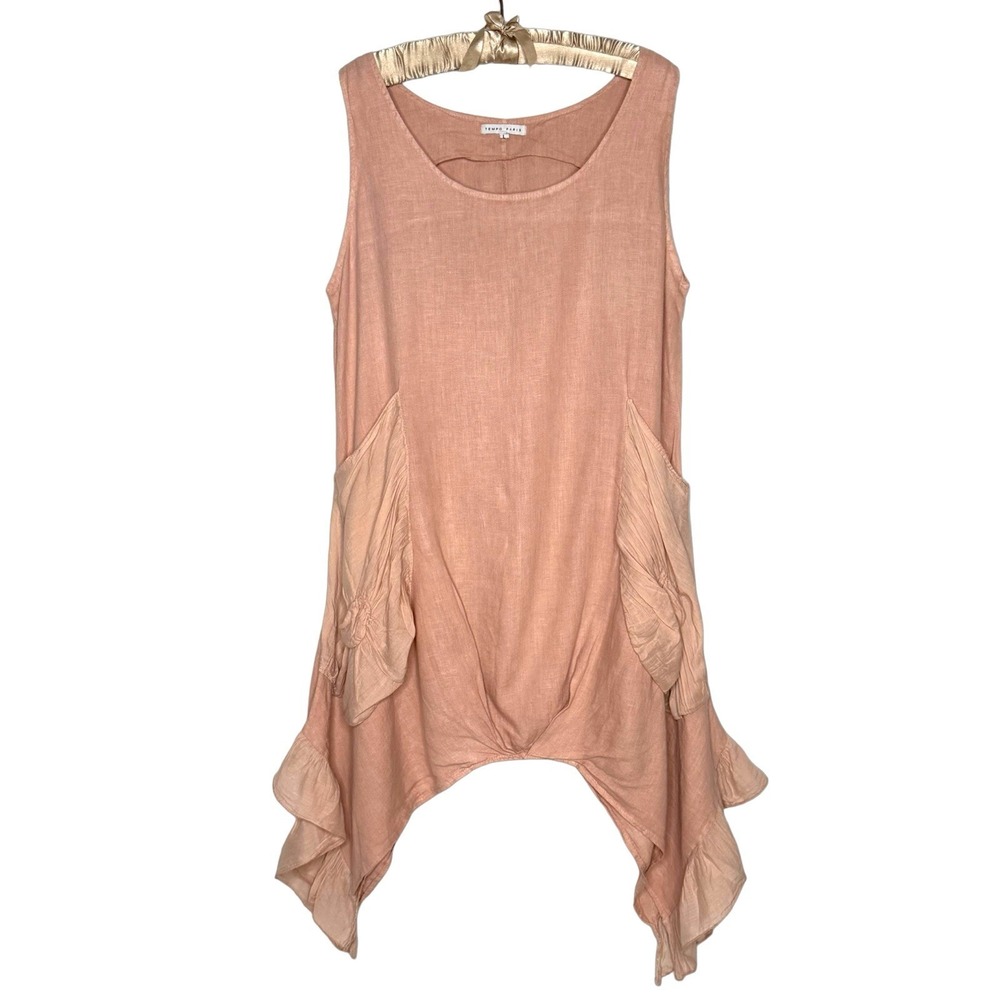 Tempo Paris Large 100% Linen Asymmetric Bohemian Dress Made in Italy Lagenlook